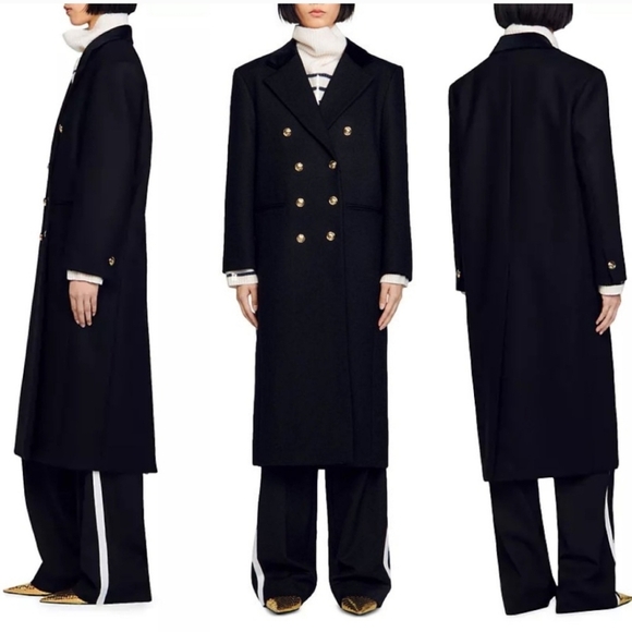 New Sandro "OFFY" Double Breasted Black Long Coat 4 US/36 FR NWT - Picture 1 of 13